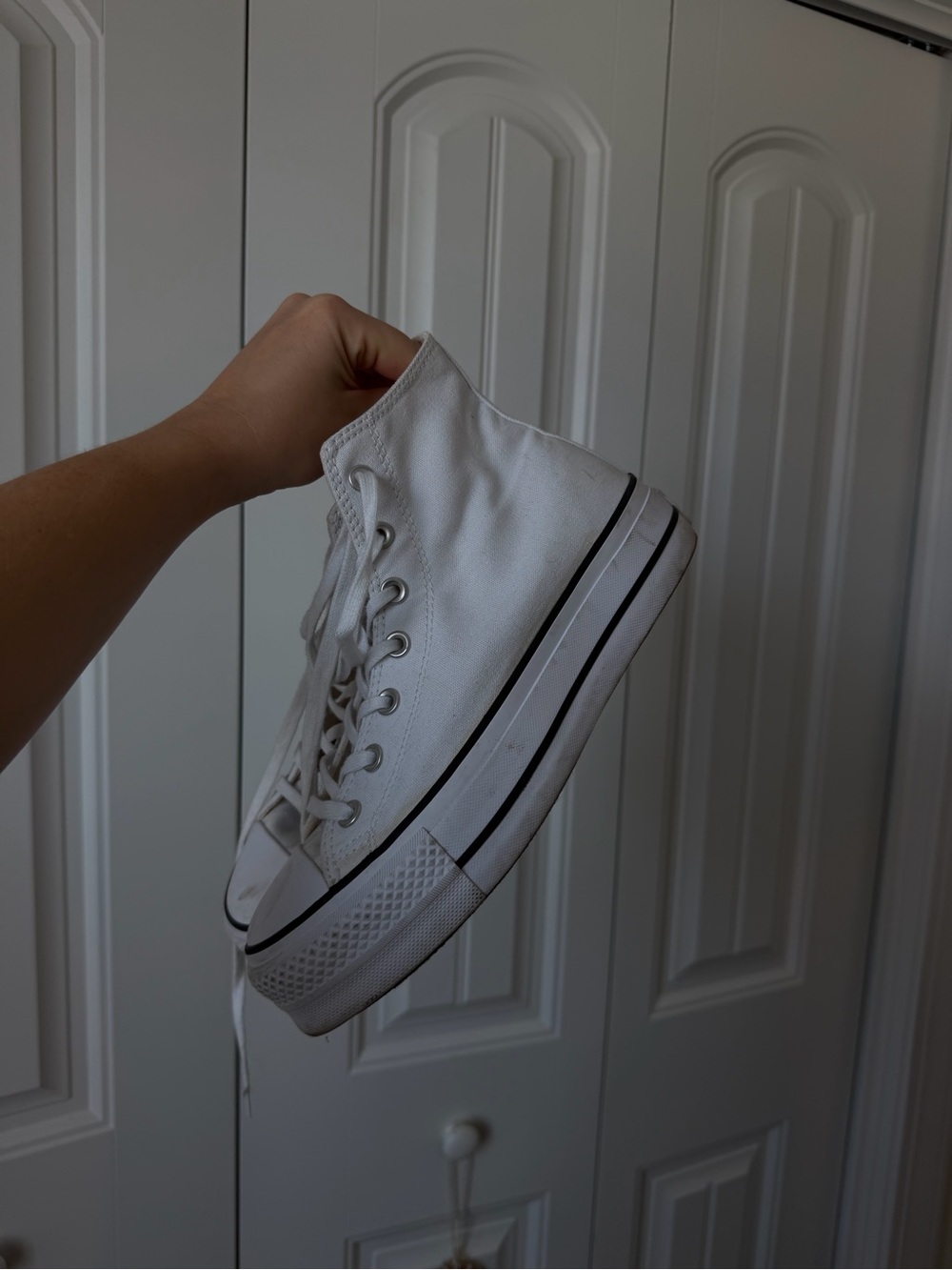 Converse White High Top Sneakers with Black Trim - Picture 3 of 6
